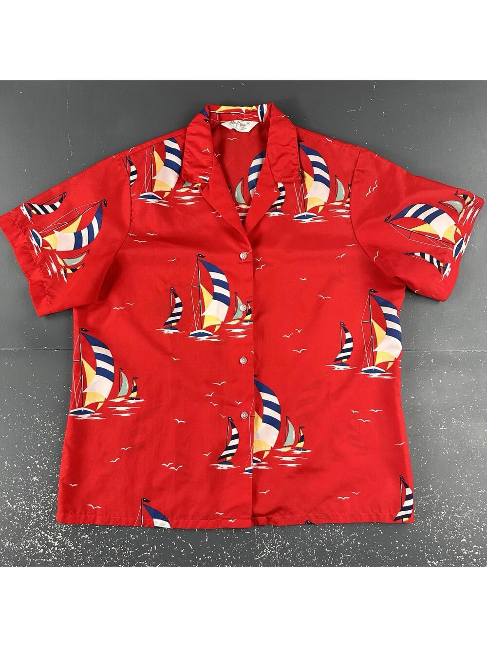 VTG Sailboat Button Up Red Shirt Cheryl Tiegs 80s Size 14 / XL Nautical Preppy